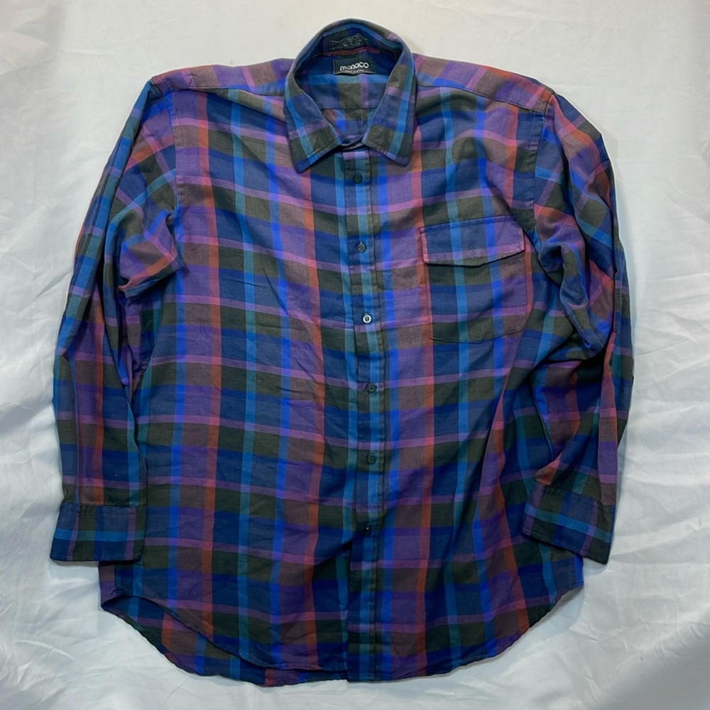 Monaco plaid blue purple button down shirt large